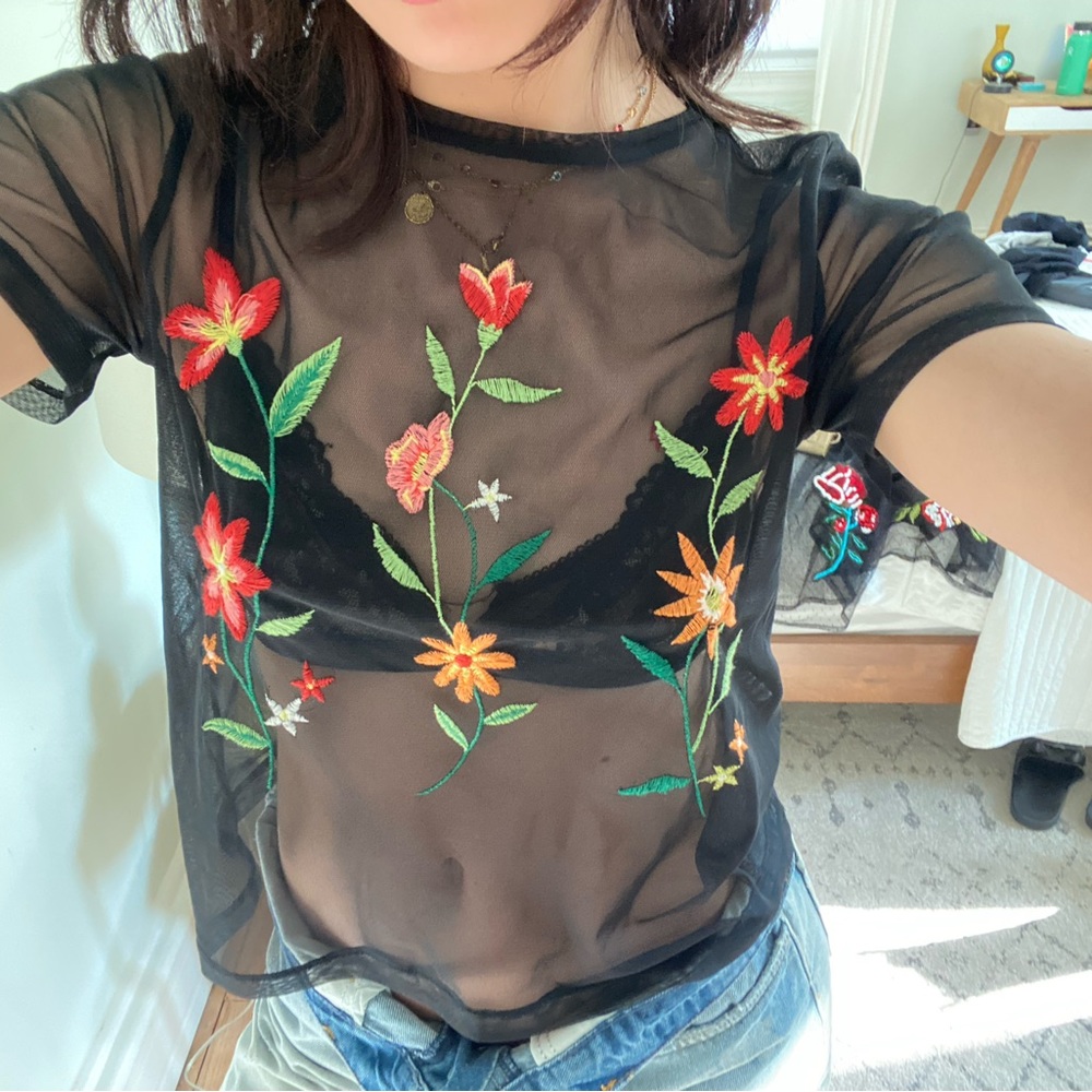 zara black see through floral top, size small